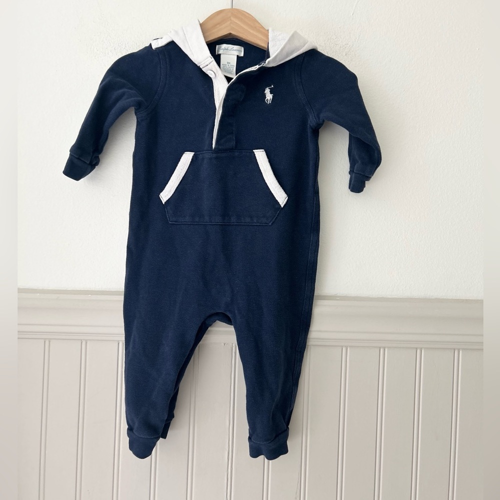 Vintage Ralph Lauren Baby 9 Months Dark Blue Collared Romper One Piece